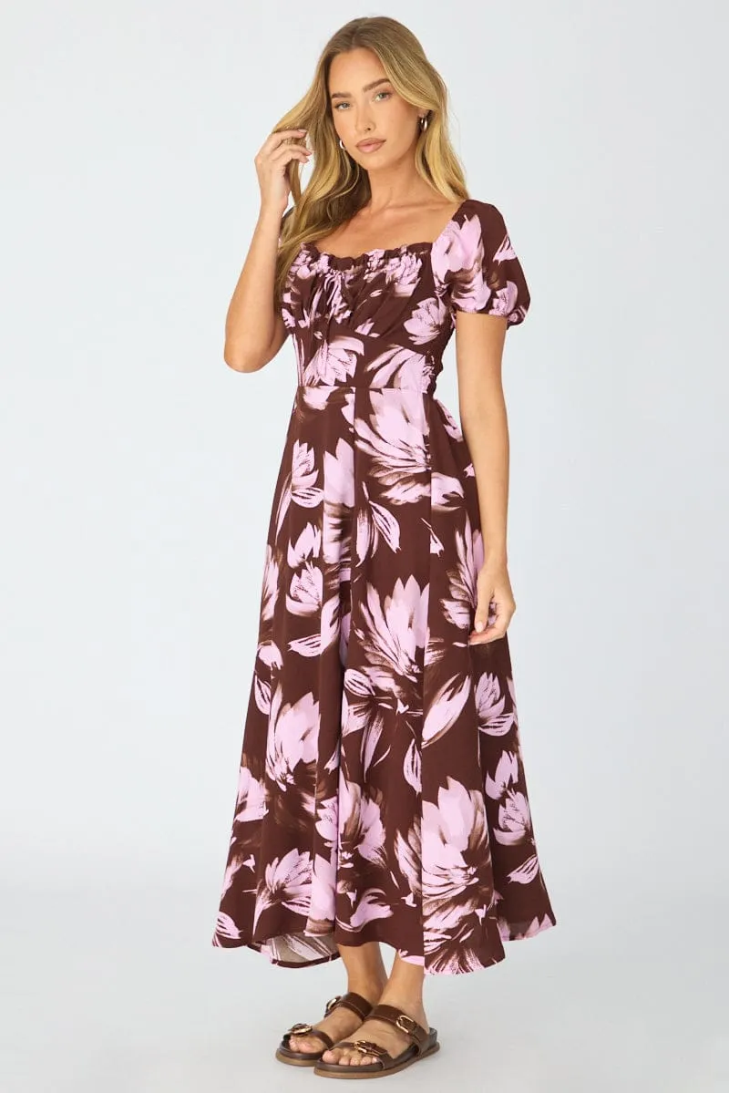 Purple Floral Midi Dress Puff Sleeve sold by Ally Fashion product image thumbnail 4