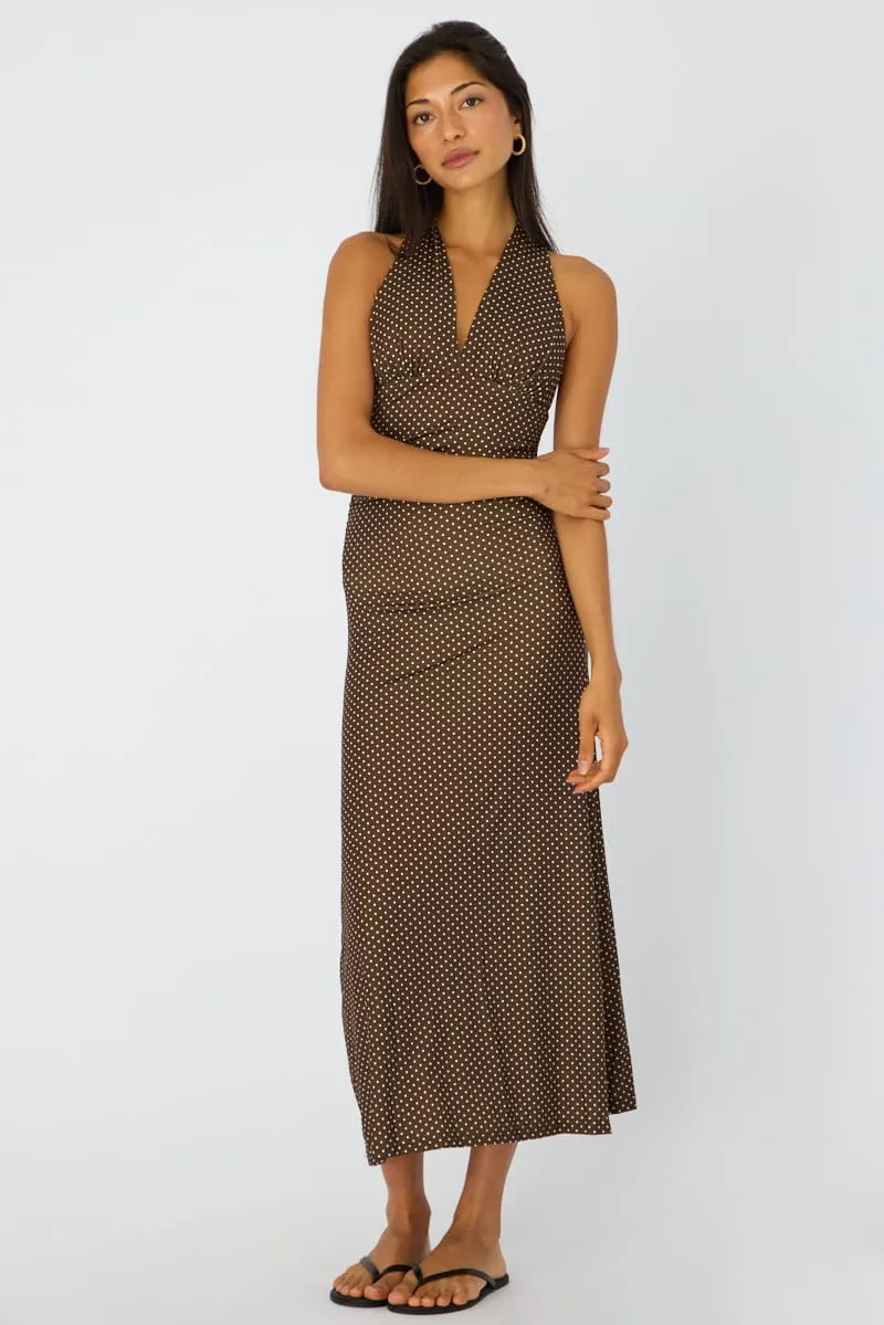Brown Polka Dot Halter Neck Midi Dress sold by Ally Fashion product image thumbnail 3