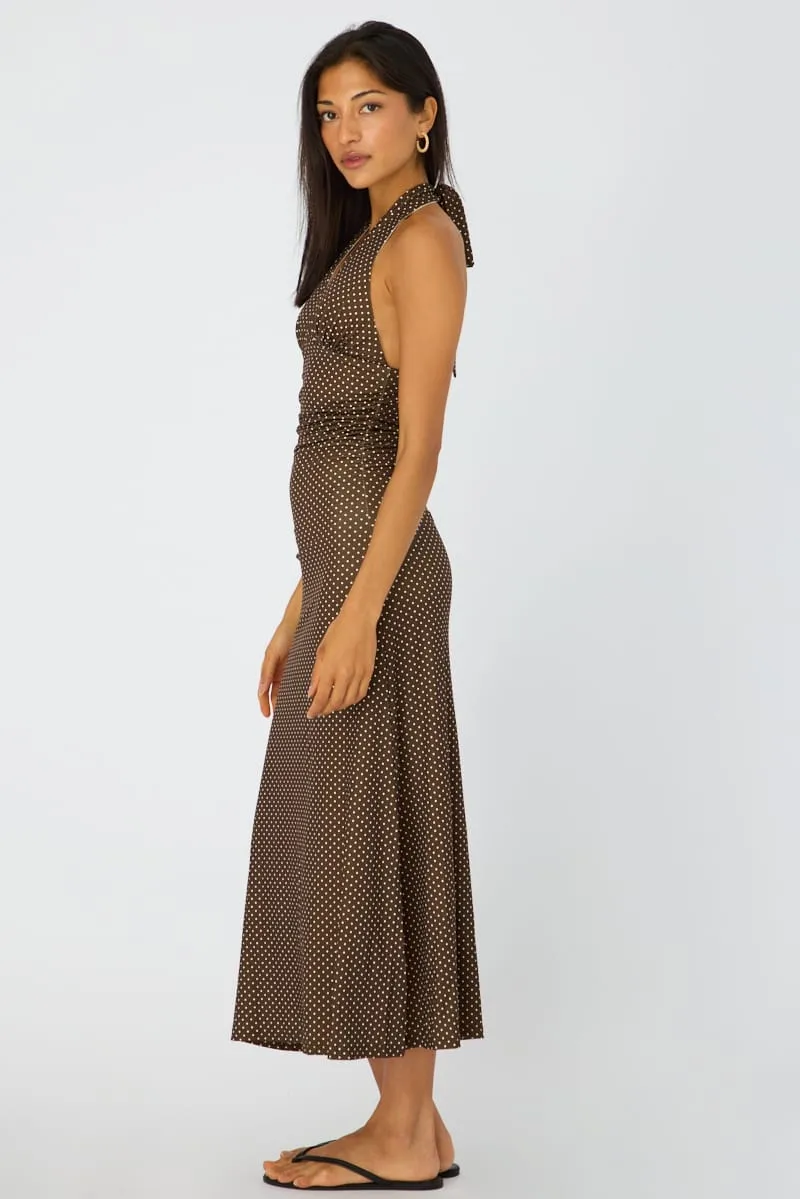 Brown Polka Dot Halter Neck Midi Dress sold by Ally Fashion product image thumbnail 4