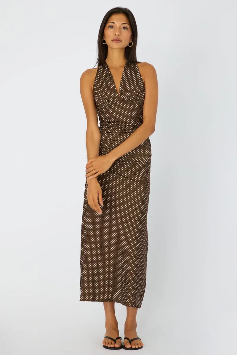 Brown Polka Dot Halter Neck Midi Dress sold by Ally Fashion