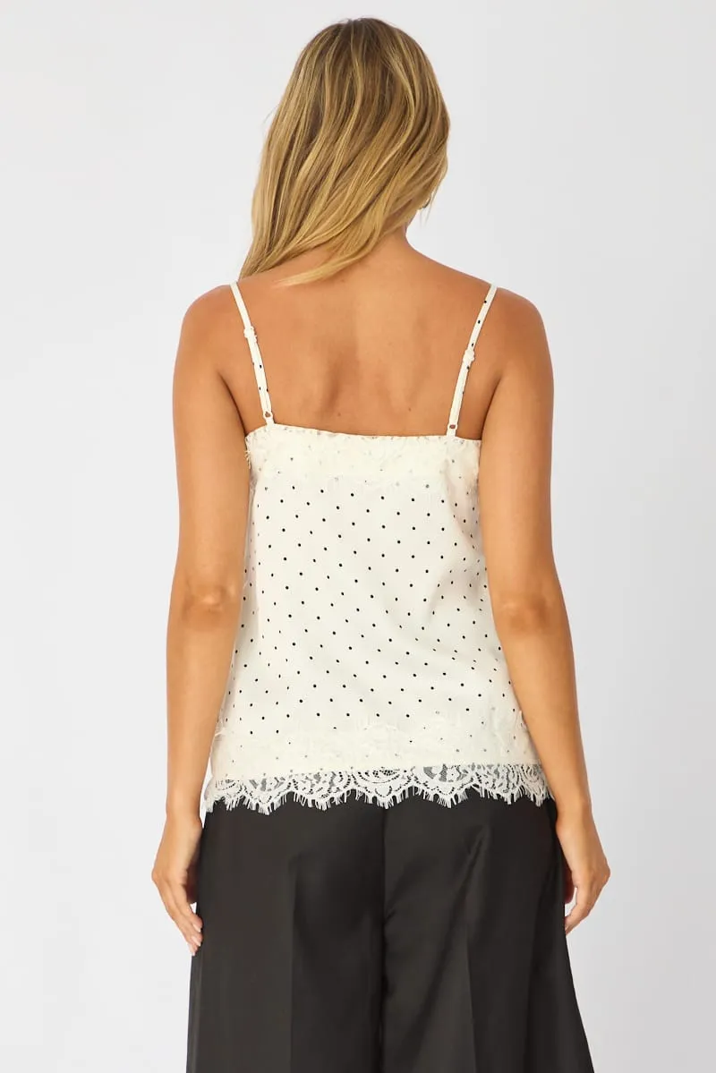 White Polka Dot Strappy Satin Lace Trim Cami sold by Ally Fashion product image thumbnail 5