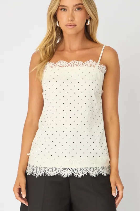 White Polka Dot Strappy Satin Lace Trim Cami made by Ally Fashion