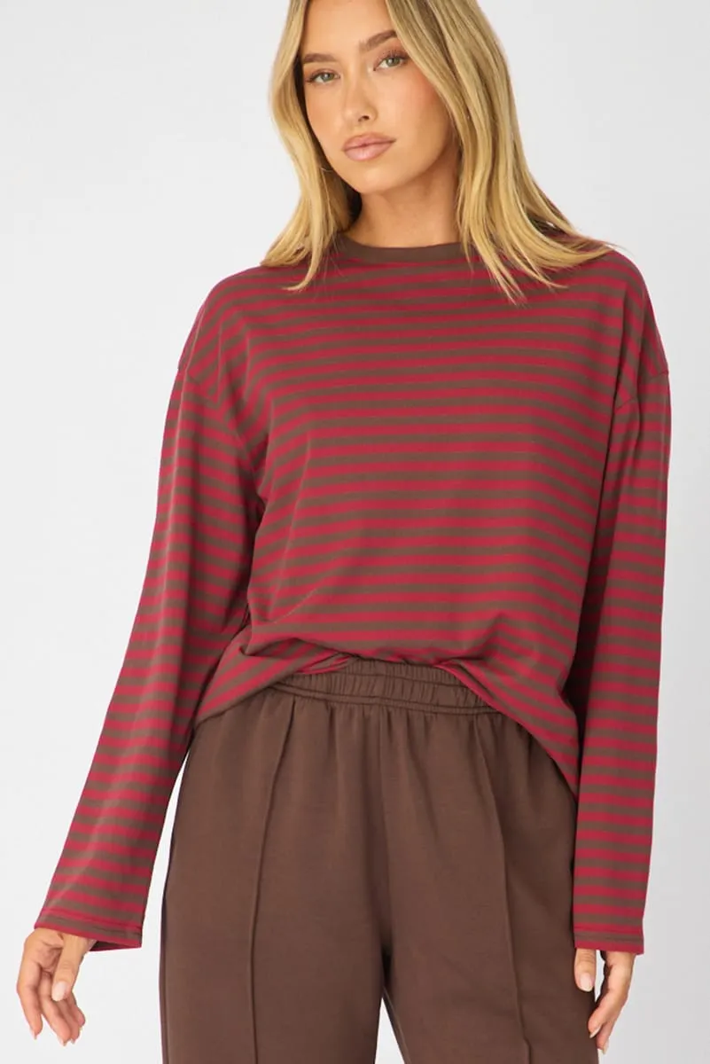 Red Stripe Oversized Tee Long Sleeve sold by Ally Fashion