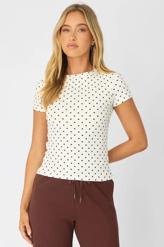White Polka Dot T-shirt Short Sleeve Crew Neck made by Ally Fashion