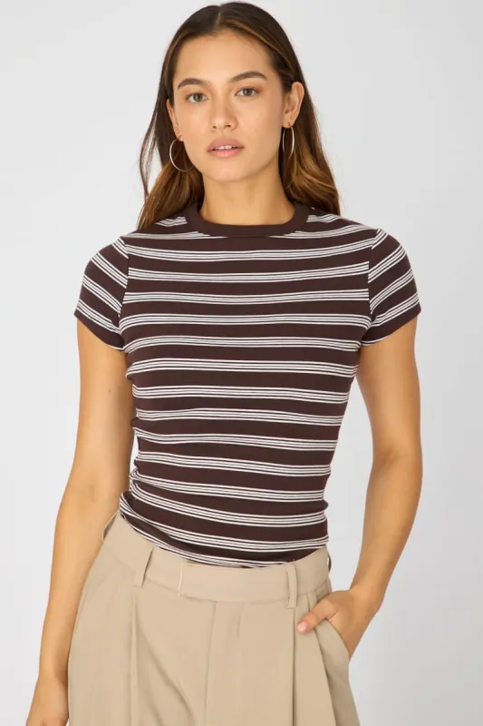 Brown Stripe Stripe Tshirt Short Sleeve made by Ally Fashion