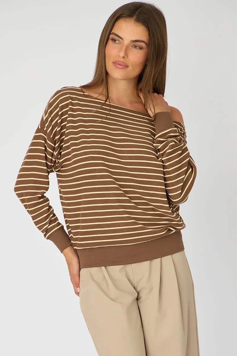 Brown Stripe Off Shoulder Long Sleeve Top sold by Ally Fashion product image thumbnail 3