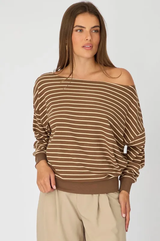 Brown Stripe Off Shoulder Long Sleeve Top made by Ally Fashion