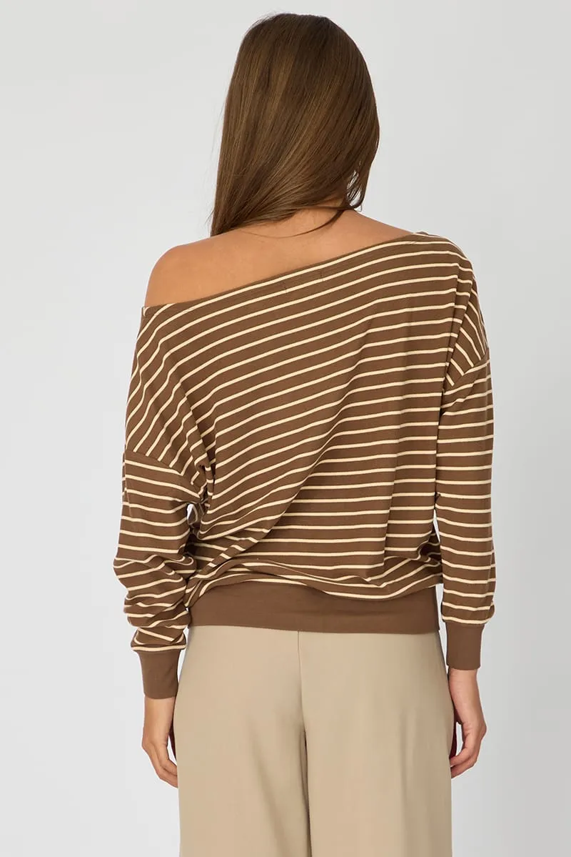 Brown Stripe Off Shoulder Long Sleeve Top sold by Ally Fashion product image thumbnail 5