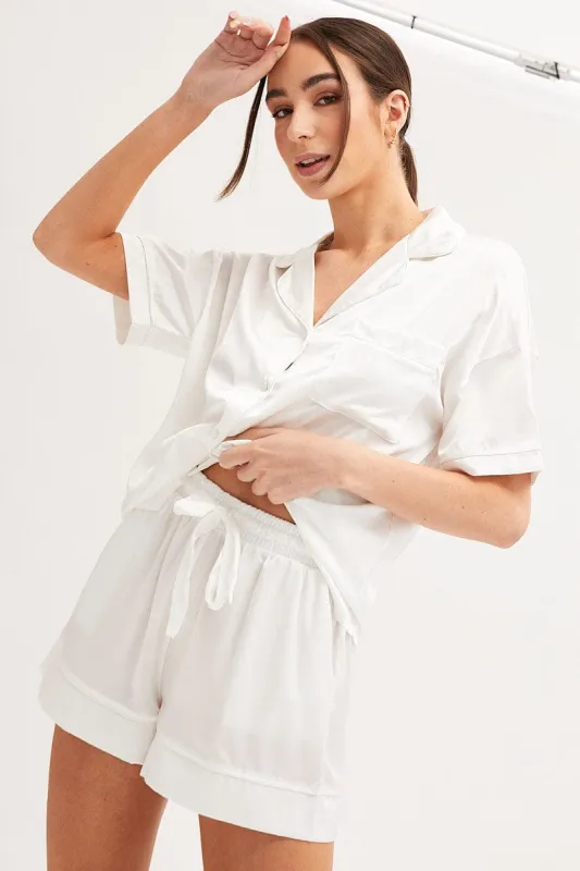 White Satin Short Sleeve Top & Short Pj Set made by Ally Fashion