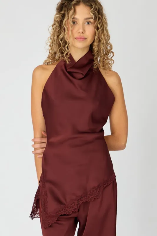 Burgundy Lace Halter Top Sleeveless Satin made by Ally Fashion