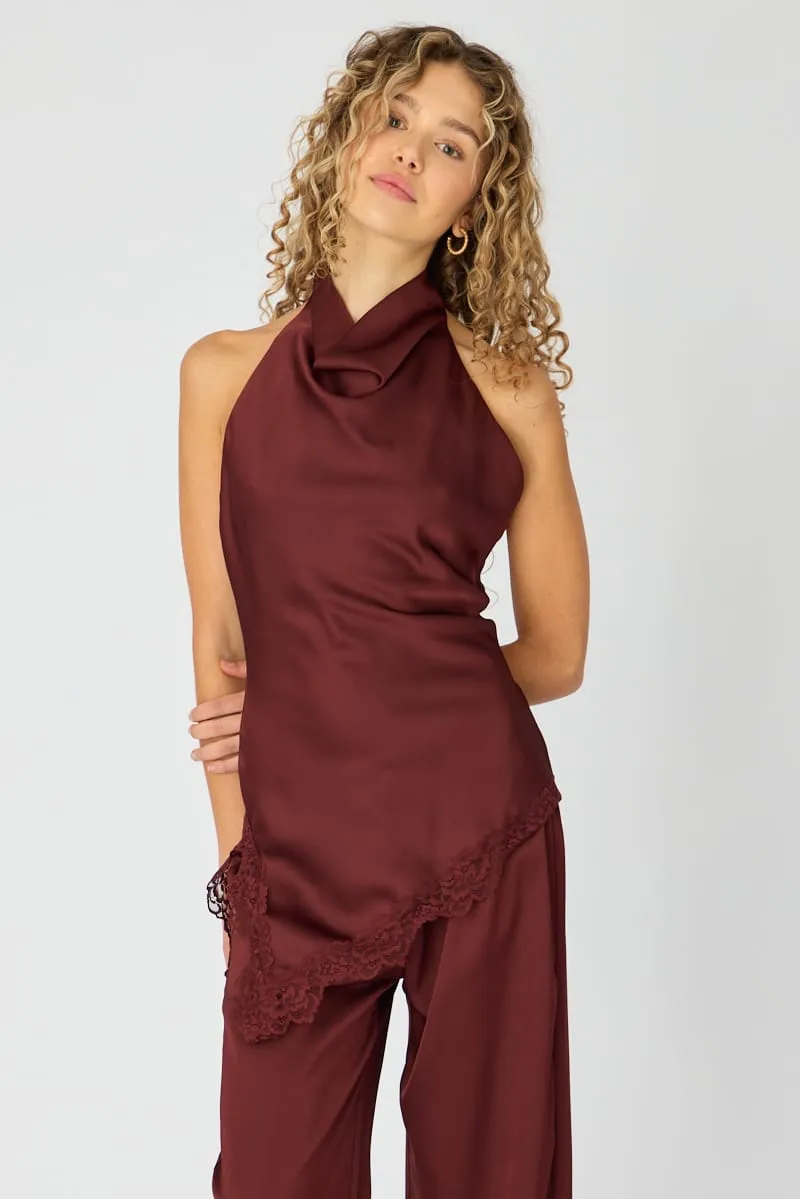 Burgundy Lace Halter Top Sleeveless Satin sold by Ally Fashion product image thumbnail 3