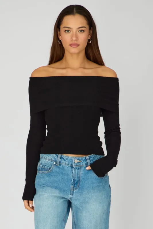 Black Off Shoulder Knit Top made by Ally Fashion