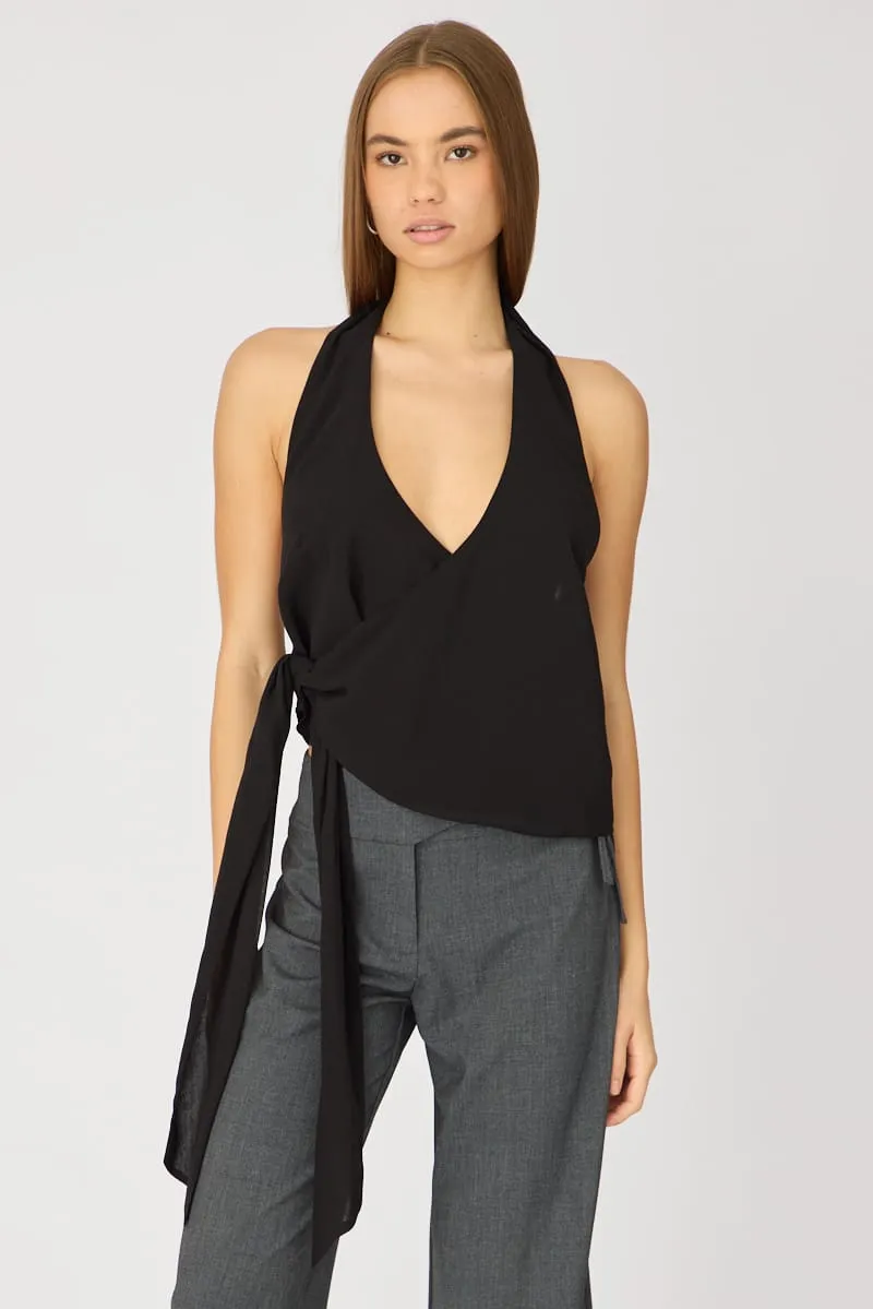 Black Halter Chiffon Top Sleeveless Wrap Around Style sold by Ally Fashion