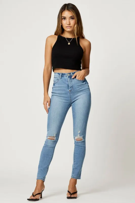 Blue Skinny Denim Jeans High Rise made by Ally Fashion