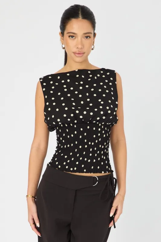 Black Polka Dot High Neck Ruched Waist Blouse Sleeveless made by Ally Fashion