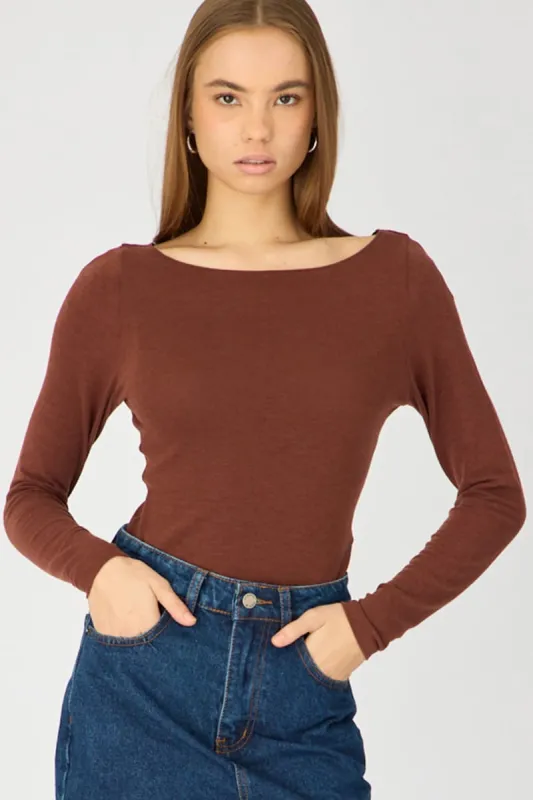 Brown Sheer Top Long Sleeve Slim Fit made by Ally Fashion