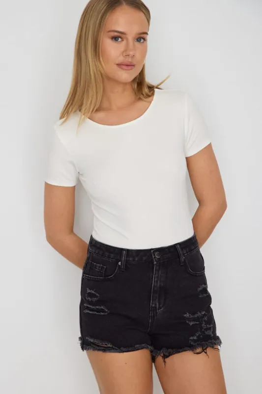 Black Relaxed Shorts Mid Rise Distressed Detail made by Ally Fashion