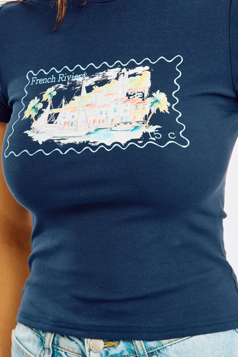 Blue Graphic Tee Short Sleeve sold by Ally Fashion product image thumbnail 5
