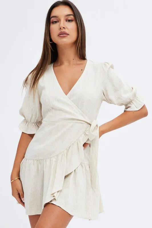 Beige Fit And Flare Dress Puff Sleeve Linen Blend sold by Ally Fashion