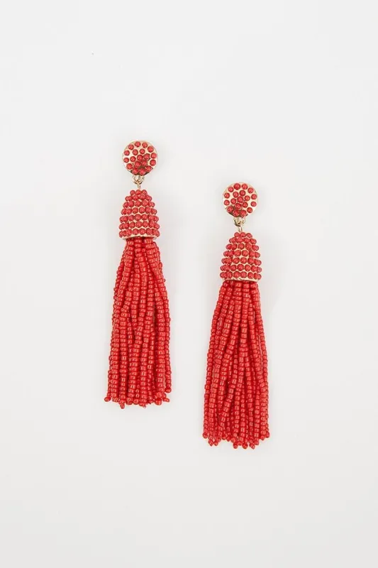 Red Nyla Rose Beaded Tassel Earring sold by Ally Fashion