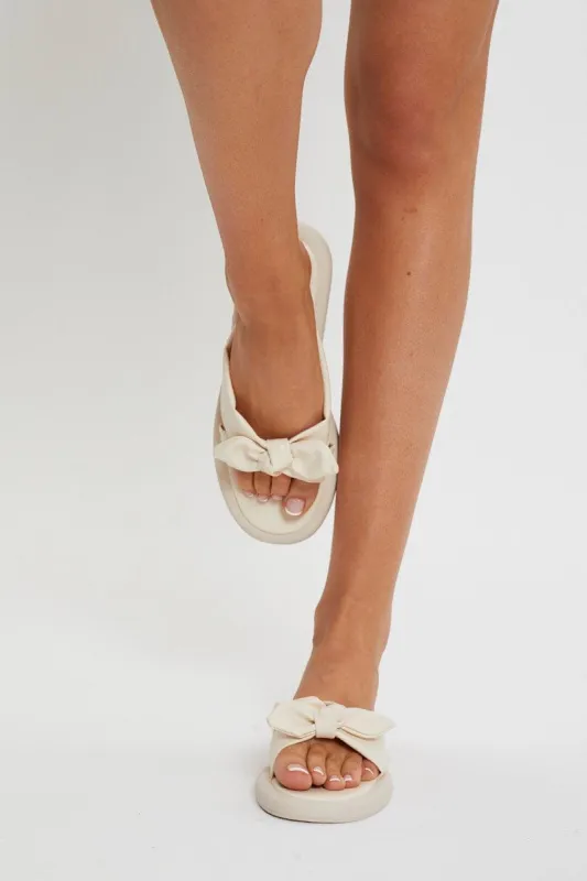 White Bow Tie Detail Flat Sliders sold by Ally Fashion