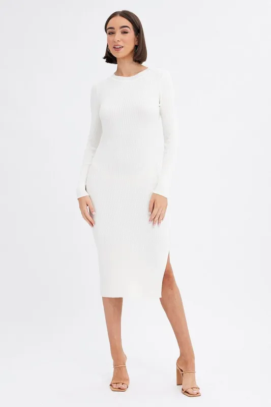 White Midi Dress Long Sleeve Round Neck Rib Knitted sold by Ally Fashion