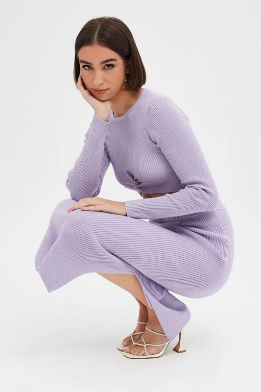 Purple Knit Skirt High Rise Ribbed Midi sold by Ally Fashion