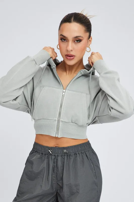 Grey Zip Hoodie Long Sleeve Crop sold by Ally Fashion