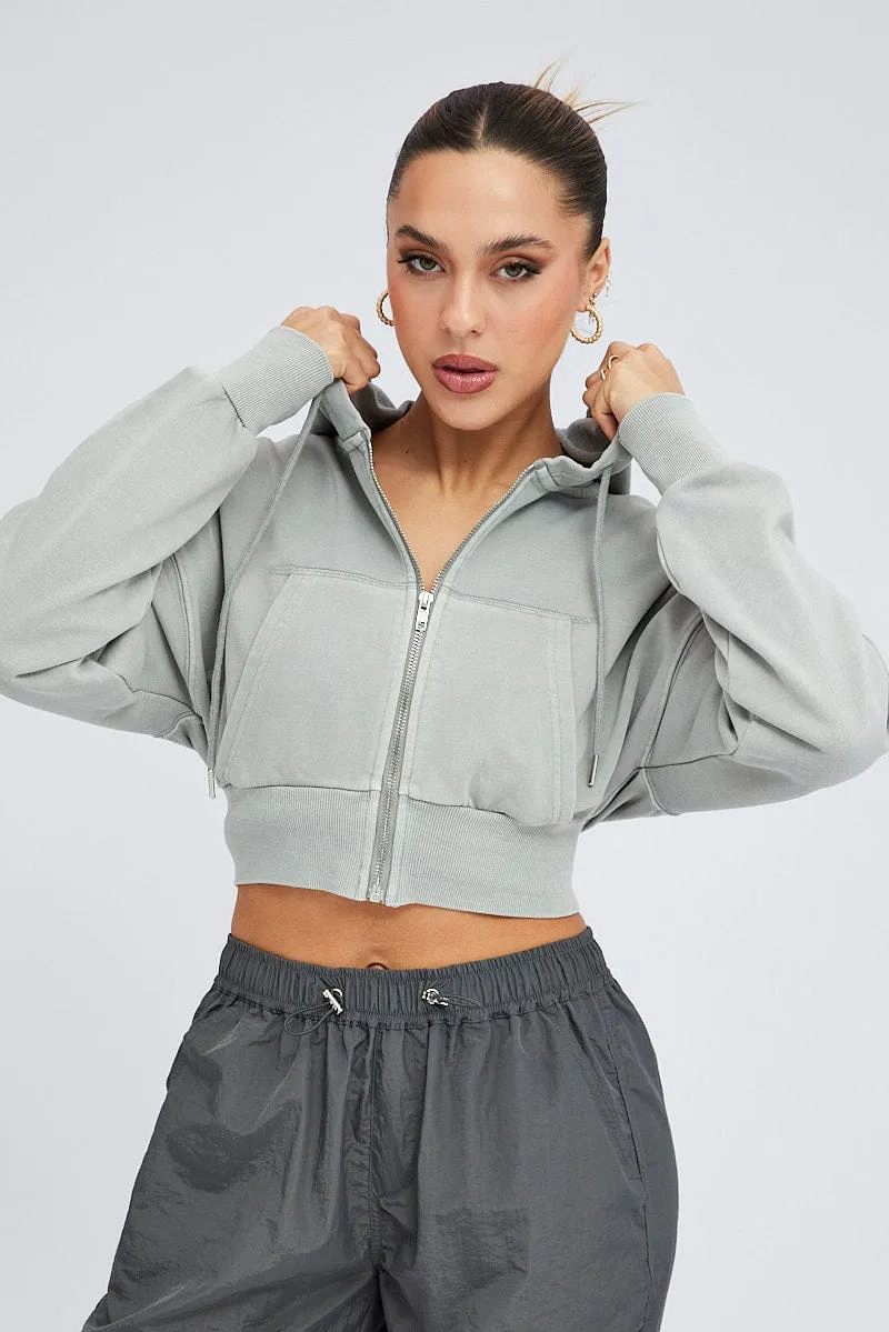 Grey Zip Hoodie Long Sleeve Crop sold by Ally Fashion