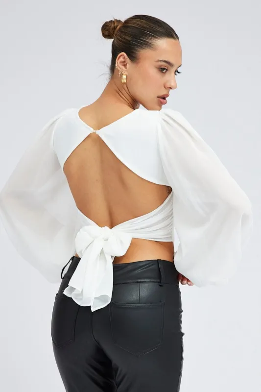 White Crop Top Long Balloon Sleeve Backless Plunge Top sold by Ally Fashion