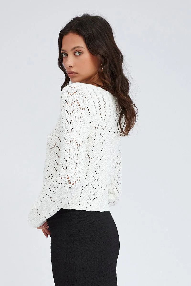 White Crochet Knit Cardigan Long Sleeve Round Neck sold by Ally Fashion product image thumbnail 4