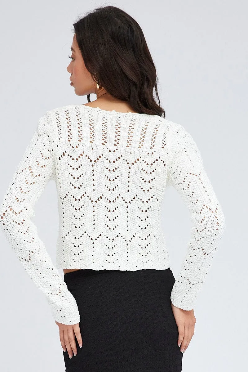 White Crochet Knit Cardigan Long Sleeve Round Neck sold by Ally Fashion product image thumbnail 5