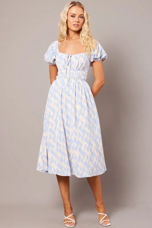 Blue Geo Midi Dress Short Sleeve Ruched Bust sold by Ally Fashion