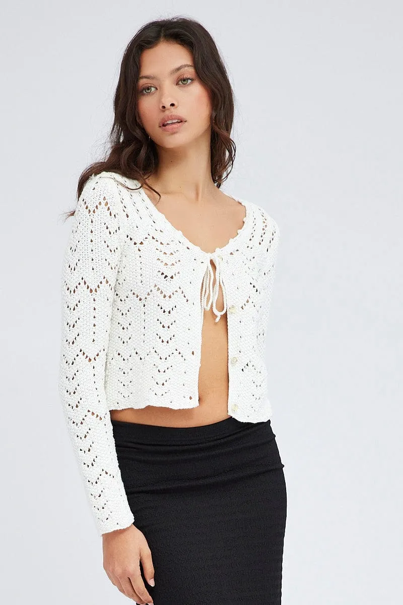 White Crochet Knit Cardigan Long Sleeve Round Neck sold by Ally Fashion product image thumbnail 3