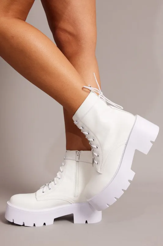 White Lace Up Chunky Boots sold by Ally Fashion