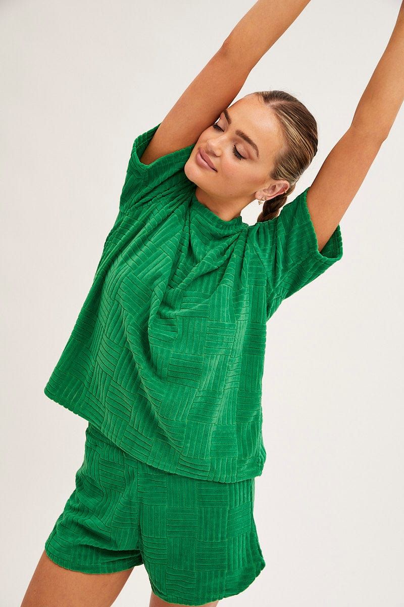 Green Pyjamas Set Short Sleeve Crew Neck Shorts Terry sold by Ally Fashion