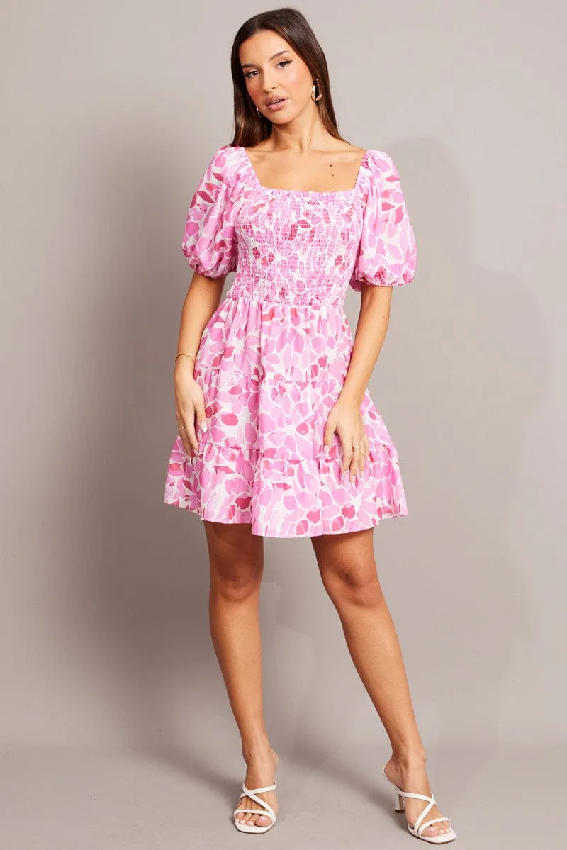 Pink Floral Fit And Flare Dress Puff Sleeve sold by Ally Fashion product image thumbnail 2