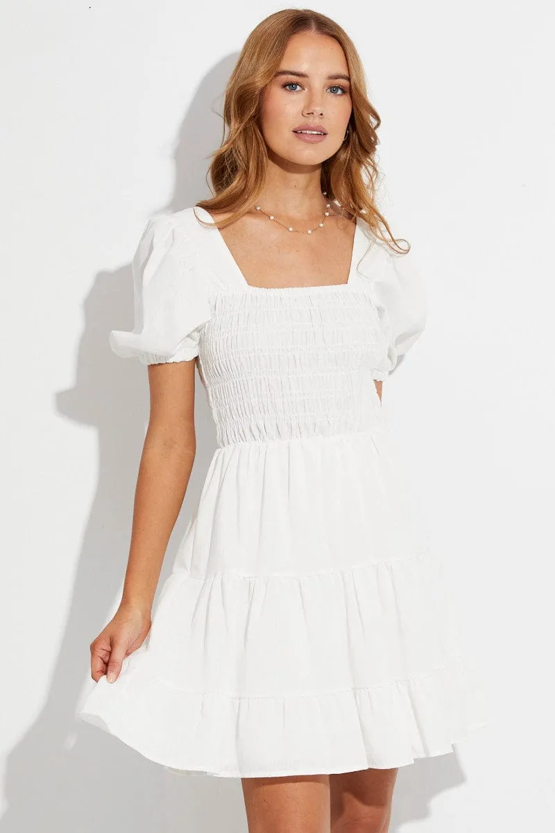 White Fit And Flare Dress Puff Sleeve Square Neck sold by Ally Fashion product image thumbnail 3
