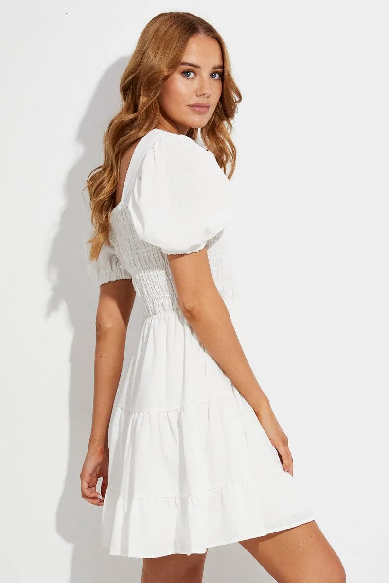 White Fit And Flare Dress Puff Sleeve Square Neck sold by Ally Fashion product image thumbnail 4
