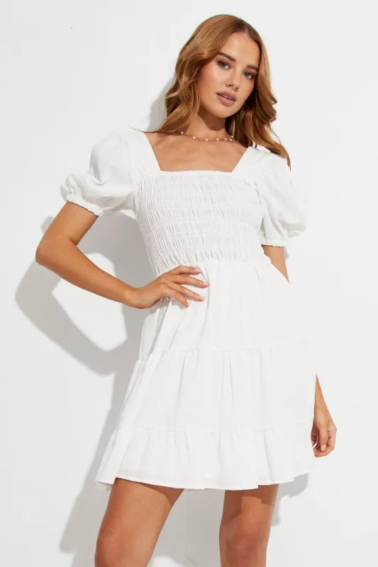 White Fit And Flare Dress Puff Sleeve Square Neck sold by Ally Fashion