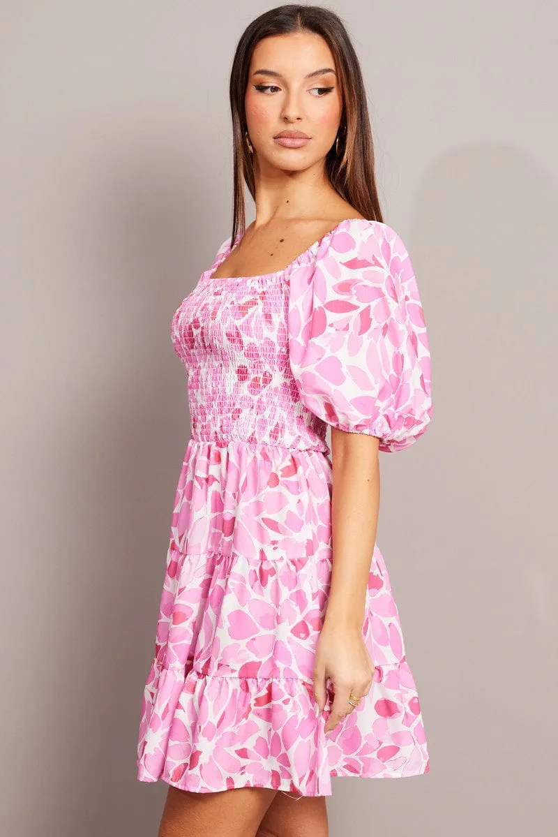 Pink Floral Fit And Flare Dress Puff Sleeve sold by Ally Fashion product image thumbnail 4