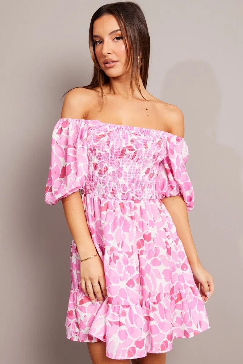 Pink Floral Fit And Flare Dress Puff Sleeve sold by Ally Fashion