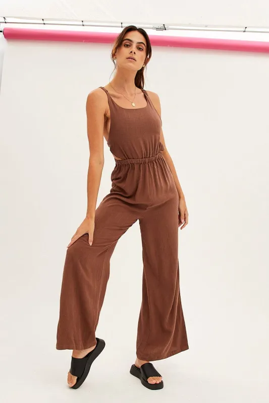 Brown Sleeveless Jumpsuit Wide Leg Viscose Linen sold by Ally Fashion