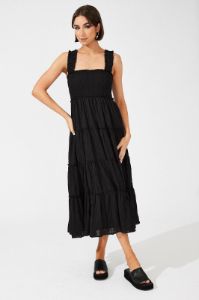 Black Maxi Dress Shirred Bust Tiered sold by Ally Fashion