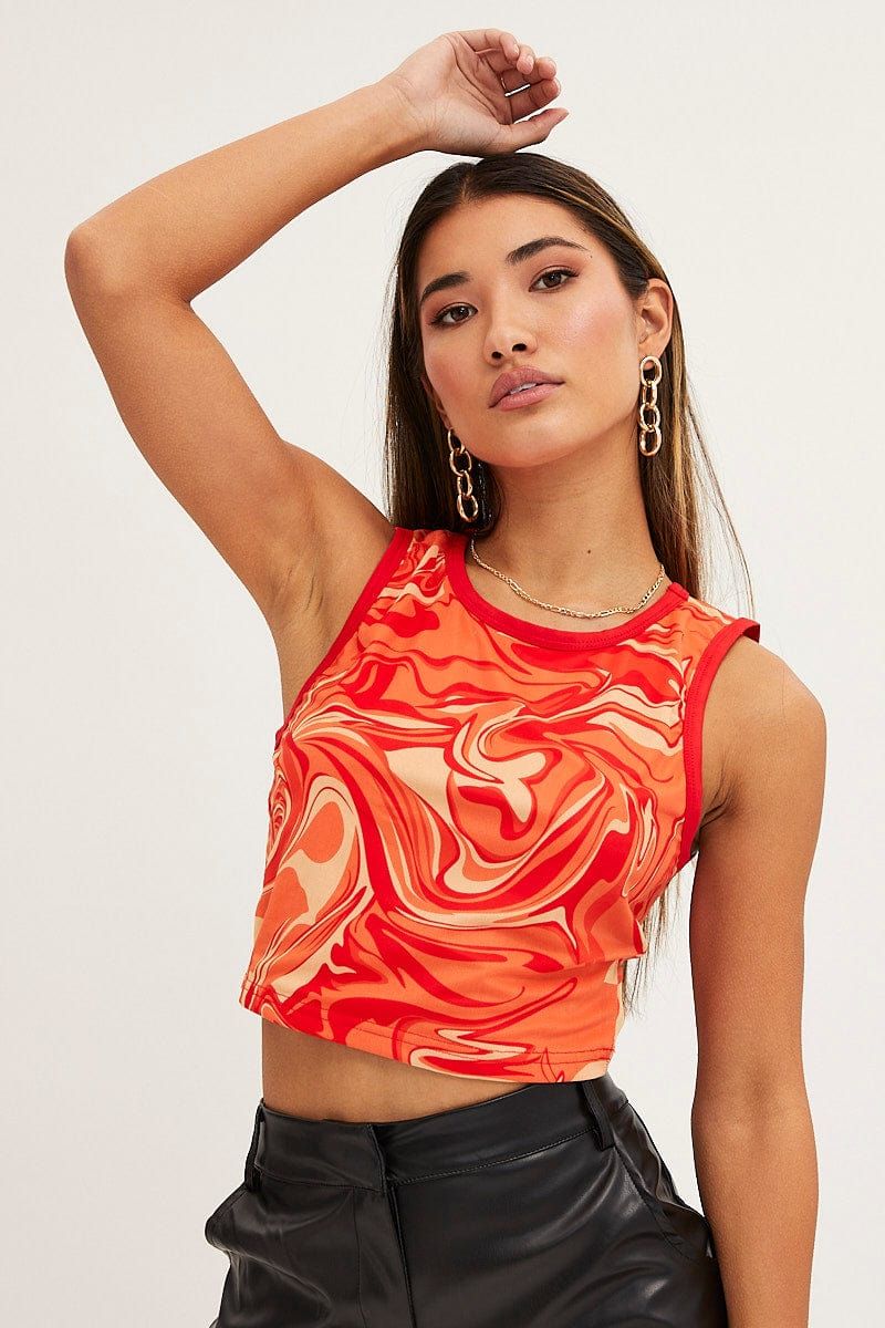 Orange Abstract Tank Top Sleeveless Round Neck Crop Mesh sold by Ally Fashion product image thumbnail 3