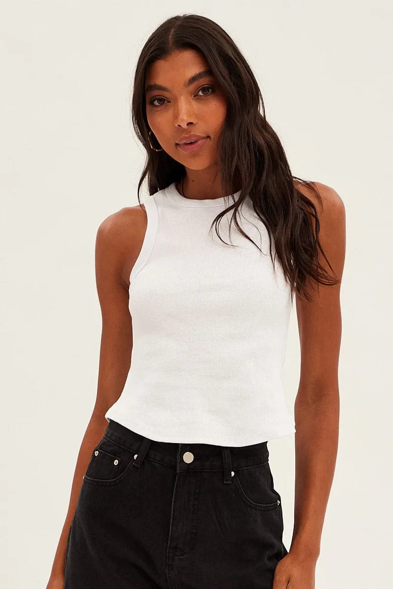 White Crew Tank High Neck Curved Hem Sleeveless sold by Ally Fashion