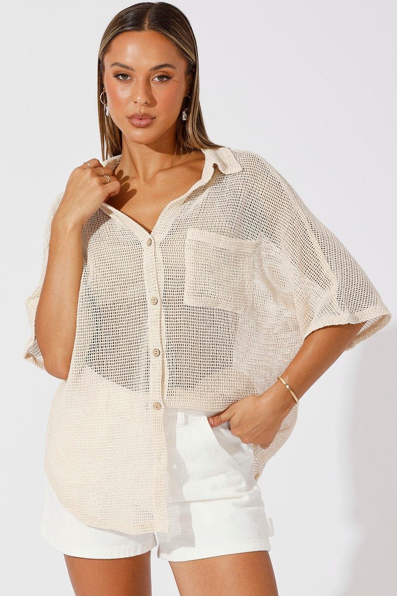 Beige Shirt Short Sleeve Collared Neck sold by Ally Fashion product image thumbnail 3
