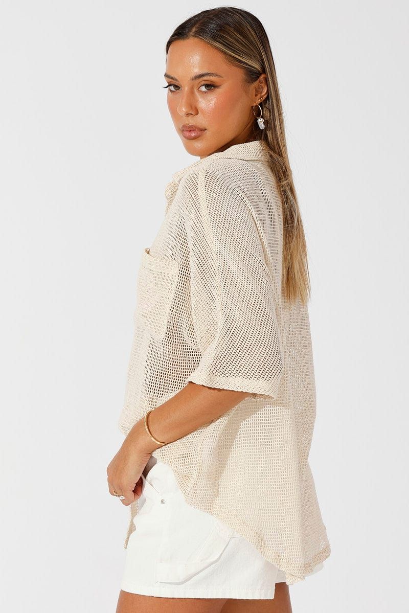 Beige Shirt Short Sleeve Collared Neck sold by Ally Fashion product image thumbnail 4