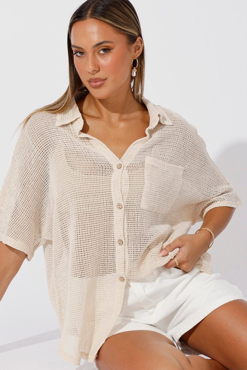 Beige Shirt Short Sleeve Collared Neck sold by Ally Fashion