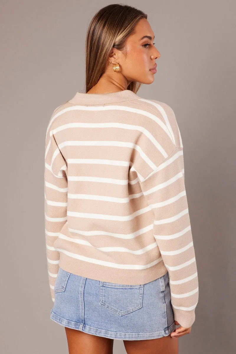 Beige Stripe Knit Top Long Sleeve Collar sold by Ally Fashion product image thumbnail 5
